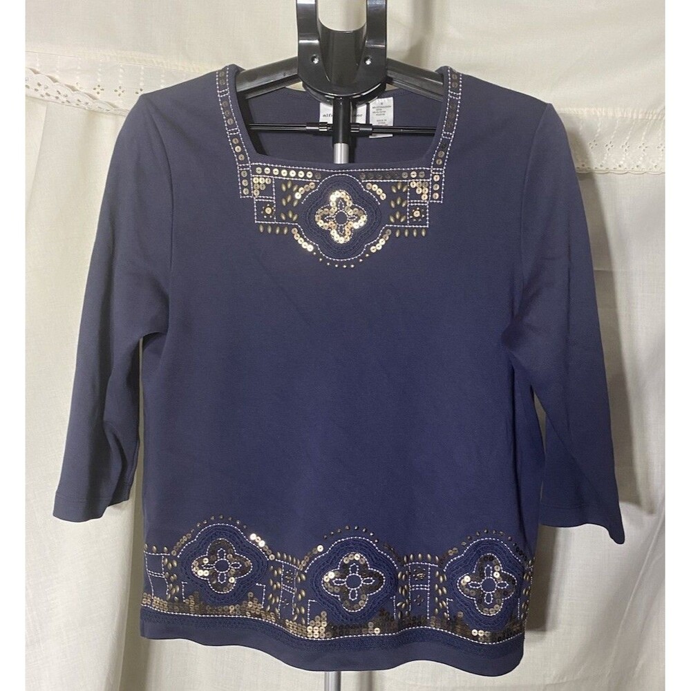 Alfred Dunner Navy Blue Knit Top Sequin Gold Embroidered 3/4 Sleeve Medium - Picture 2 of 6